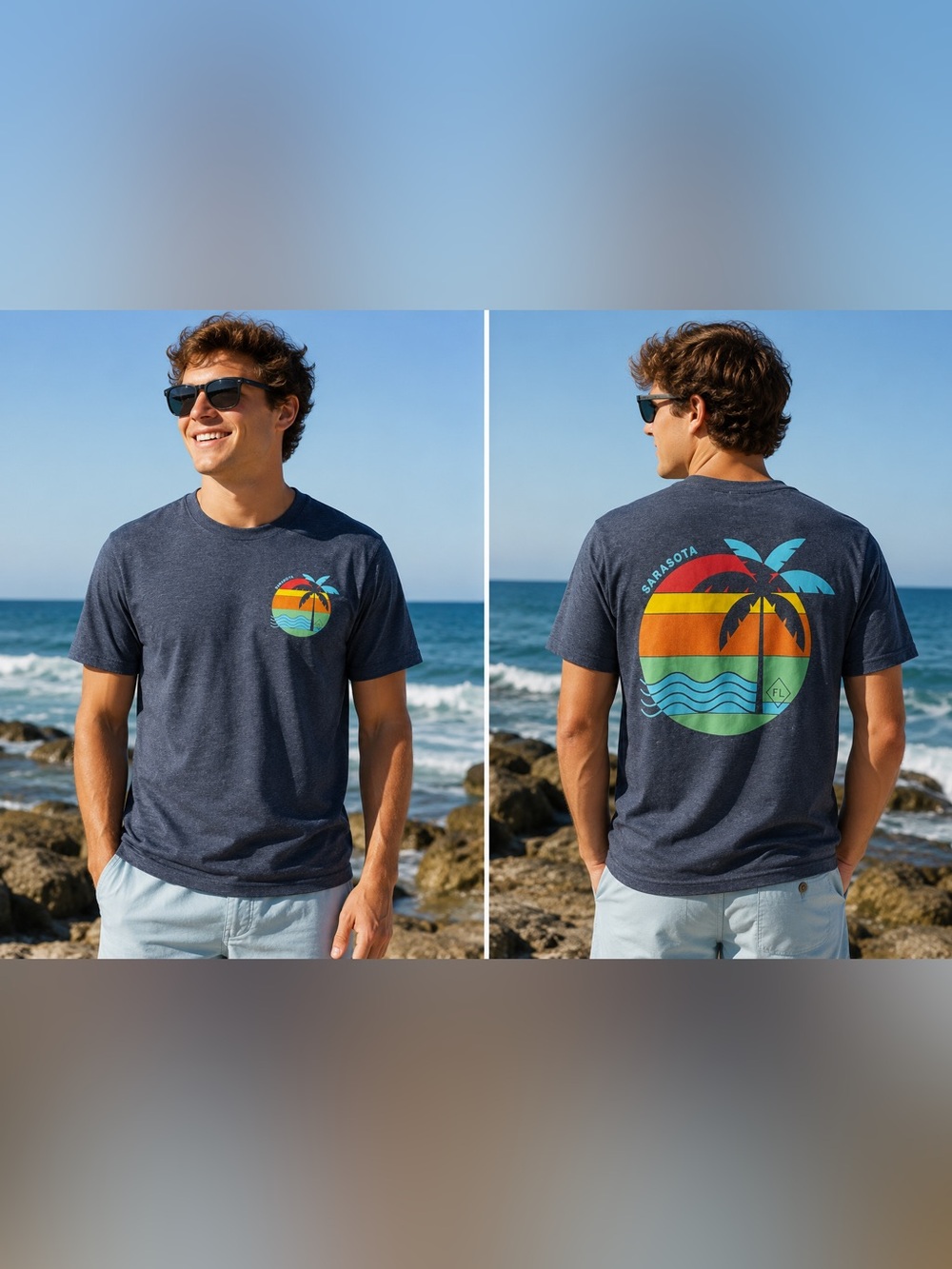 NWOTS Gildan Navy Short Sleeve Tee with Multicolor Palm Sunset Graphic